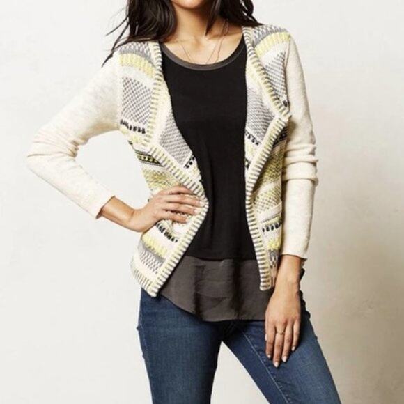 Anthropologie Moth Womens Cream Knit Striped Open Front Cardigan Jacket Size M - Picture 1 of 8